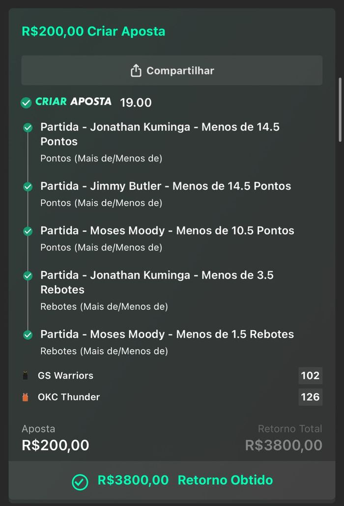Bilhete bet365: aposta criada de odd 19.00, cinco seleções de menos de pontos e rebotes, retorno obtido R$ 3.800