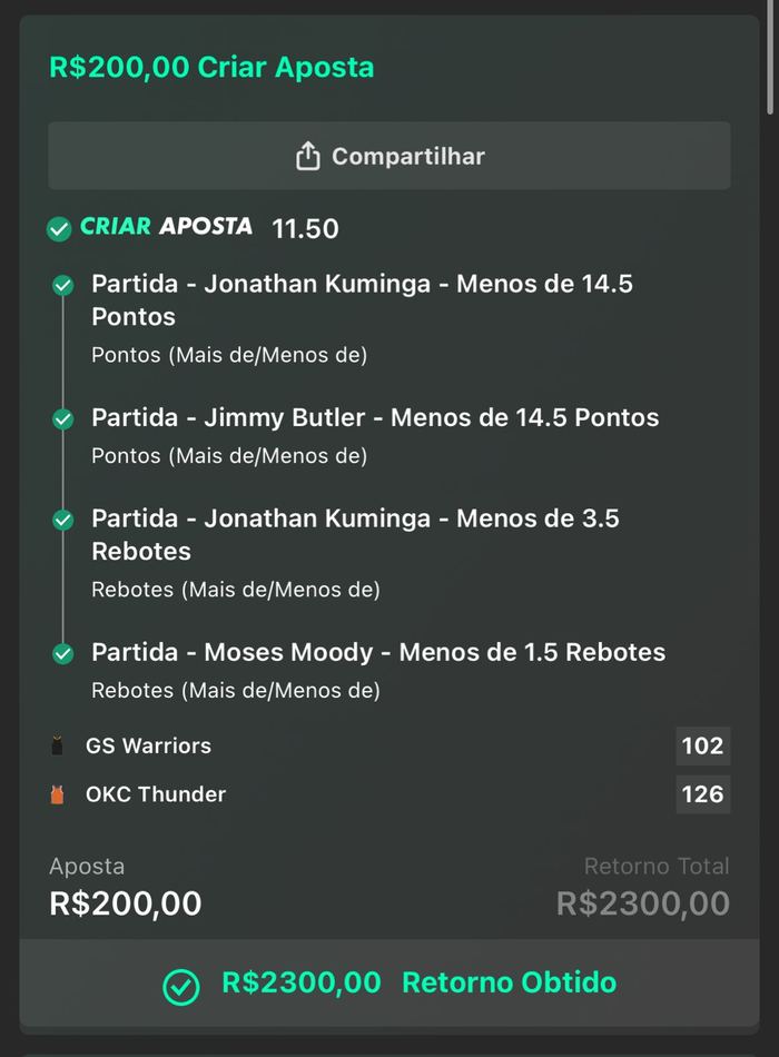Bilhete: R$ 200 viraram R$ 2.300, odd 11.50